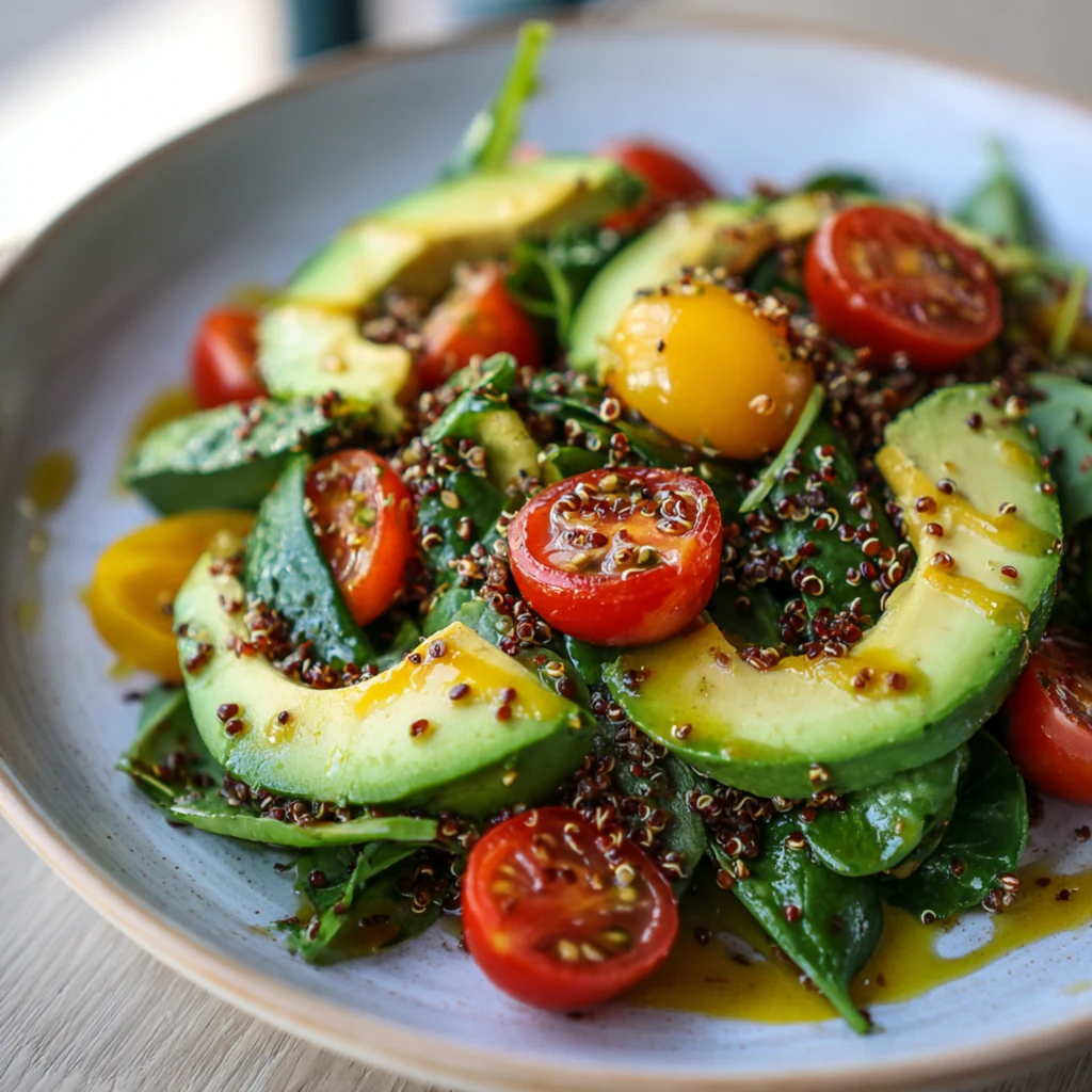 Avocado Quinoa Salad with Cherry Tomatoes and Greens Avocado quinoa salad with cherry tomatoes, leafy greens, and golden dressing served in a light ceramic bowl.