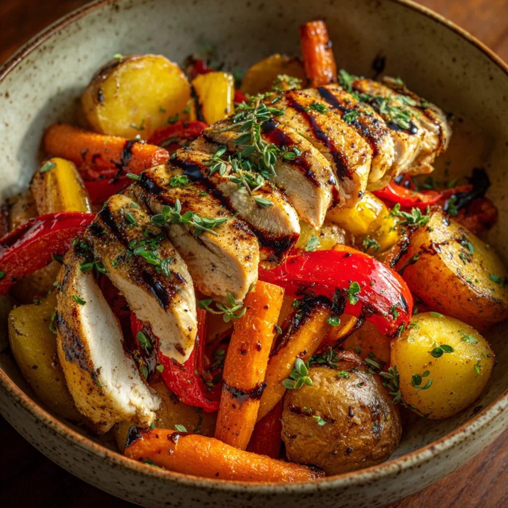 Grilled Chicken with Roasted Vegetables and Potatoes Sliced grilled chicken breast served with roasted baby potatoes, carrots, and red peppers, topped with herbs and glaze in a rustic bowl.