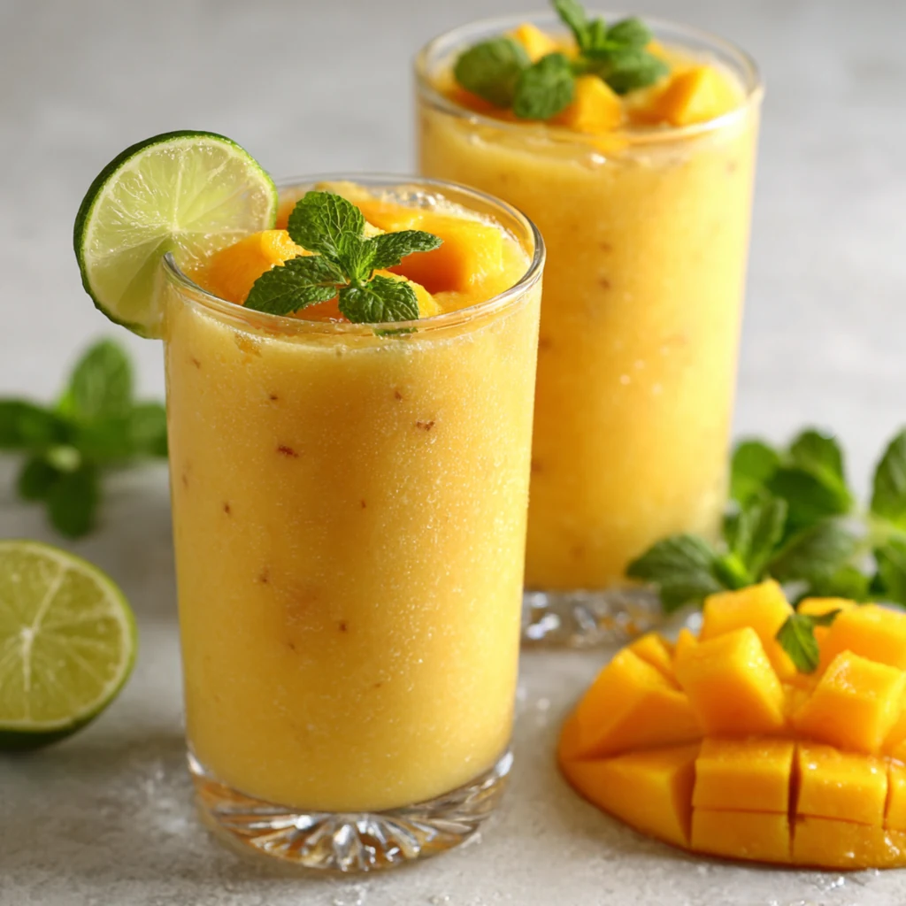 Fresh Mango Smoothie with Lime and Mint Two chilled mango smoothies in tall glasses with lime slices, fresh mint, and diced mango on a light surface.