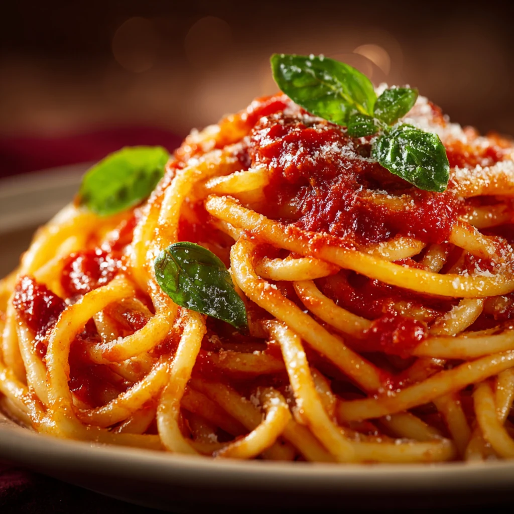 Spaghetti with Tomato Sauce, Basil and Parmesan Close-up of spaghetti coated in rich tomato sauce, topped with fresh basil leaves and grated cheese on a plate.