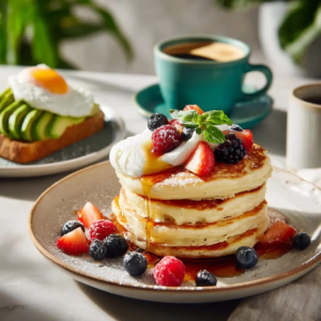 Stack of fluffy pancakes topped with whipped cream, strawberries, blueberries, and raspberries, served with coffee and avocado toast on a bright brunch table.

