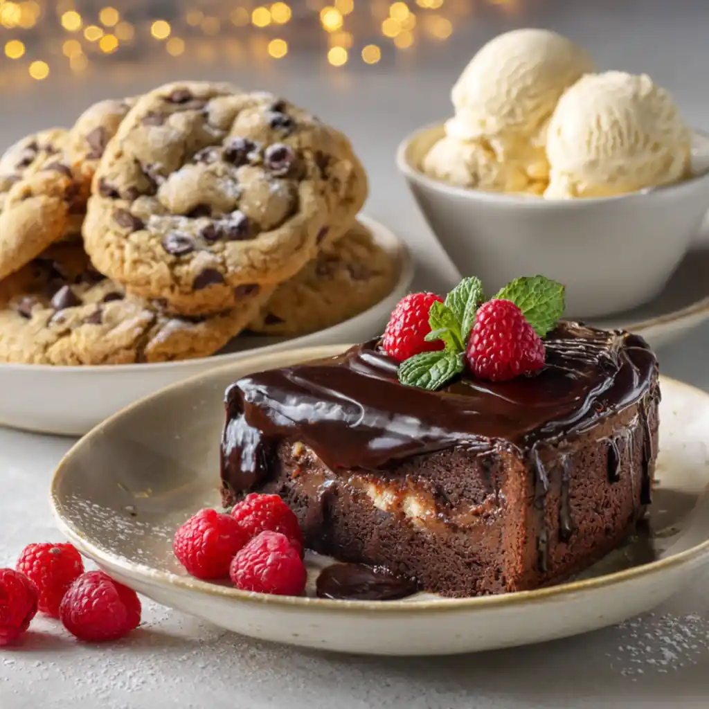 Slice of chocolate cake with glossy ganache, fresh raspberries, chocolate chip cookies, and vanilla ice cream on a dessert table.

