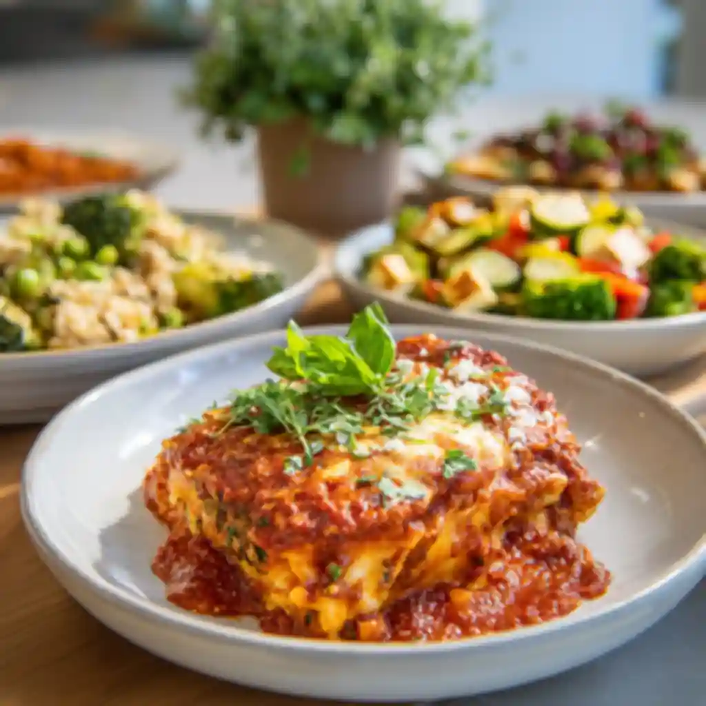 Baked lasagna layered with melted cheese and rich tomato sauce, garnished with fresh basil and herbs, served with salad and rice dishes.
