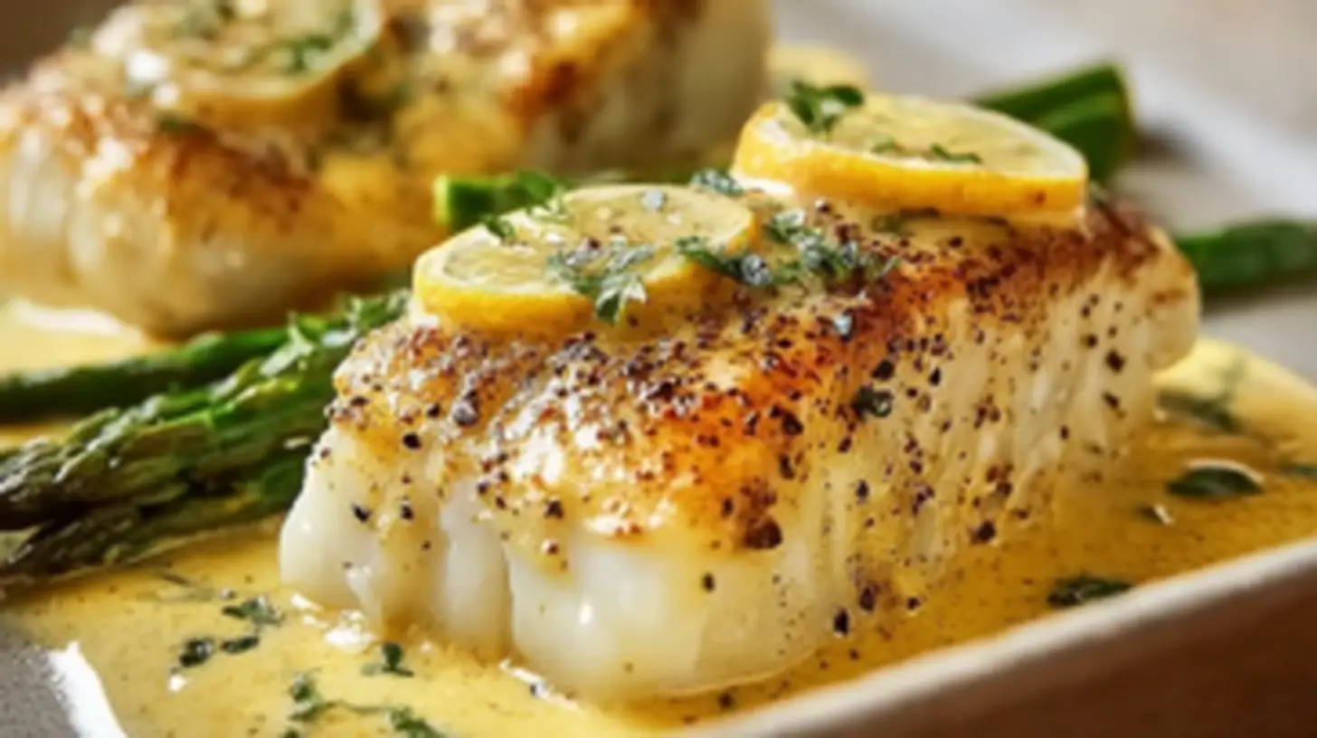Pan-seared cod fillets topped with lemon slices in creamy herb sauce, served with asparagus on a white plate