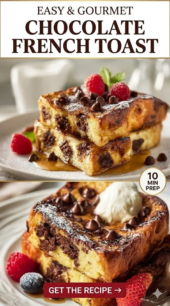 Chocolate baked French toast topped with chocolate chips and syrup