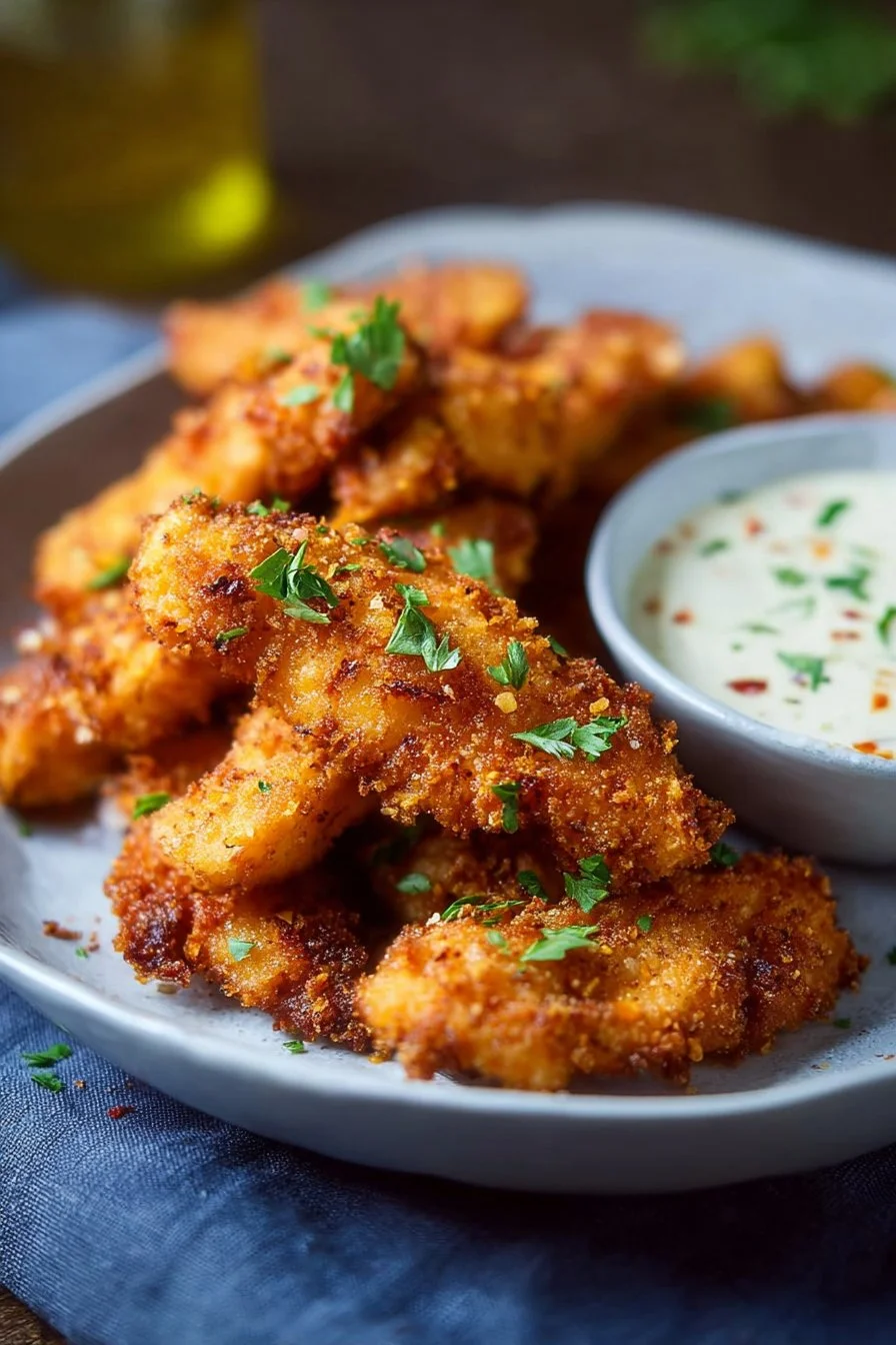 Crispy Chicken Tenders with Garlic Chili Dip