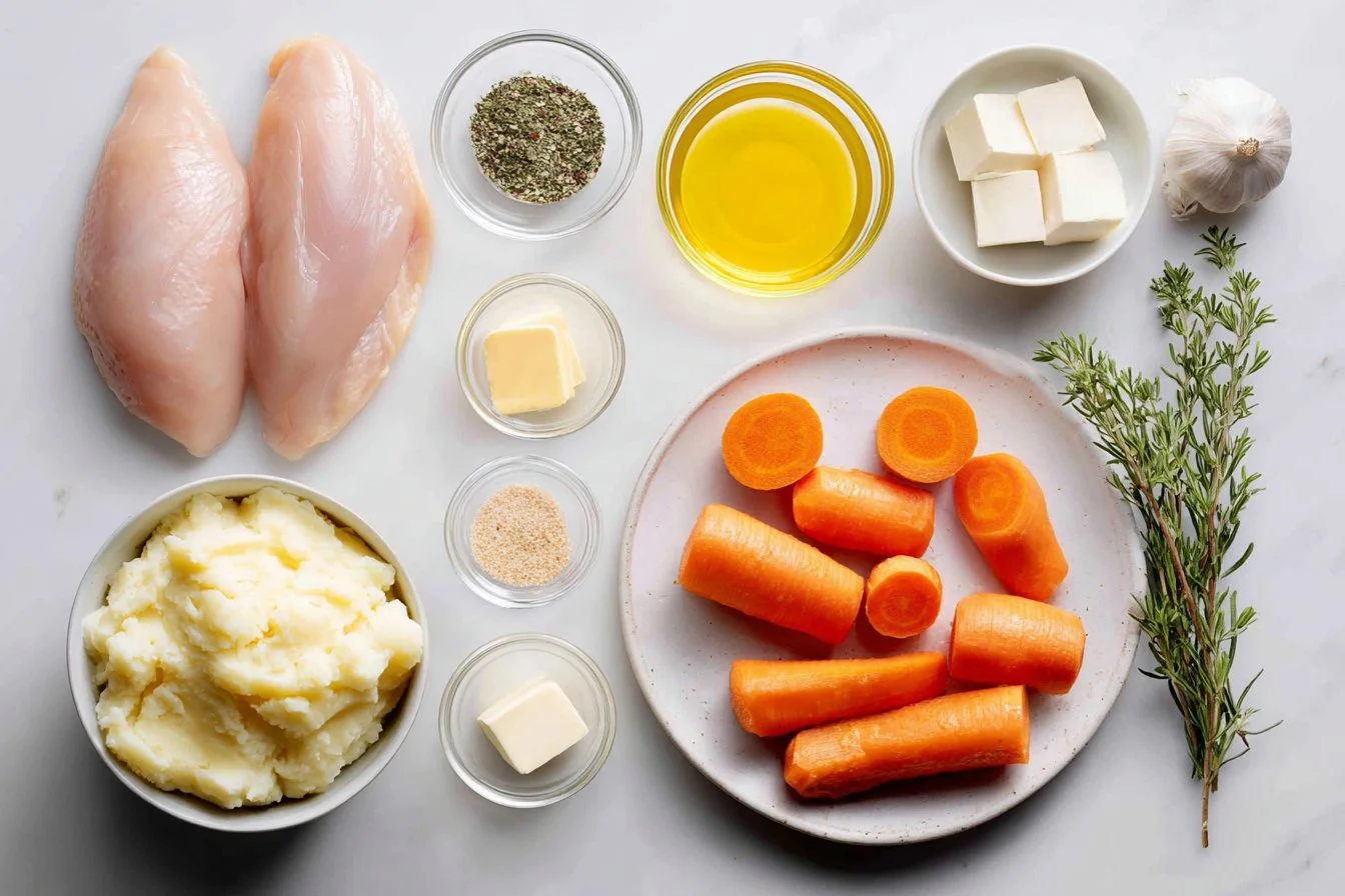Garlic Herb Chicken with Mashed Potatoes and Glazed Carrots