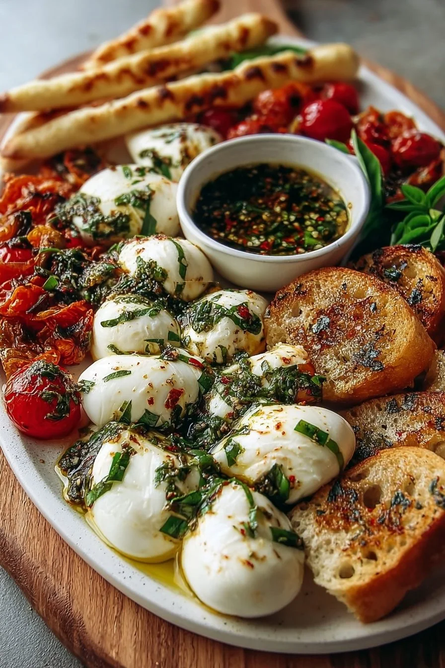 Marinated Mozzarella & Burrata Tapas Board with Garlic Breadsticks