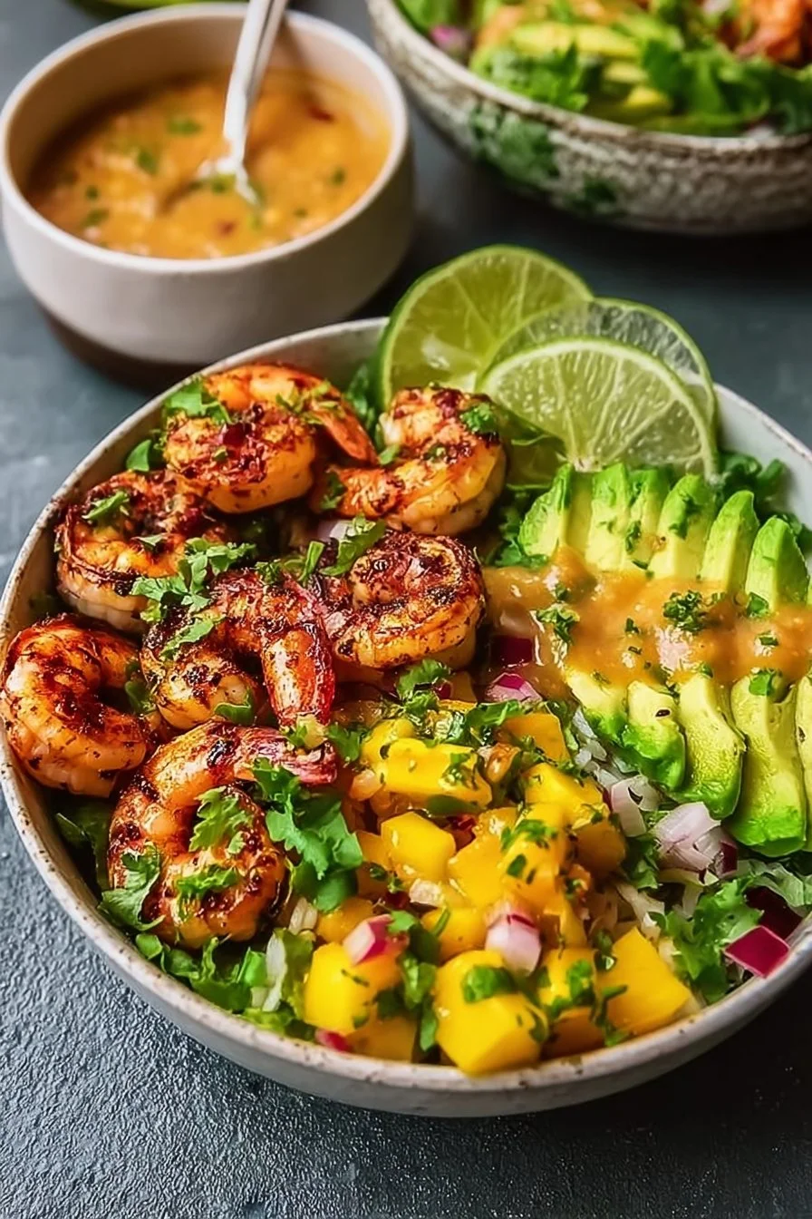 Shrimp and Avocado Bowls with Mango Salsa & Lime-Chili Sauce