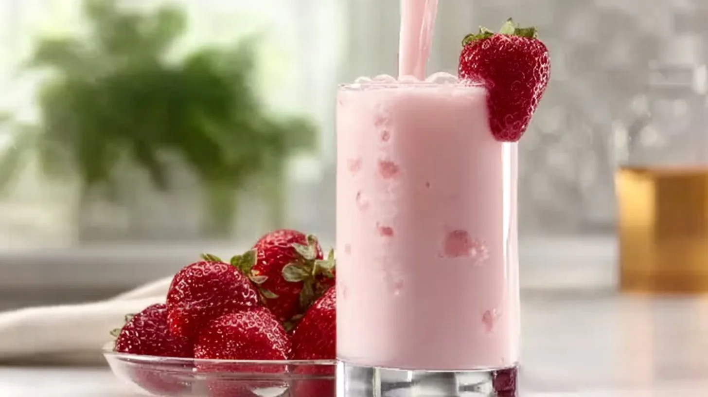Homemade strawberry milk in a glass with fresh strawberries around it.