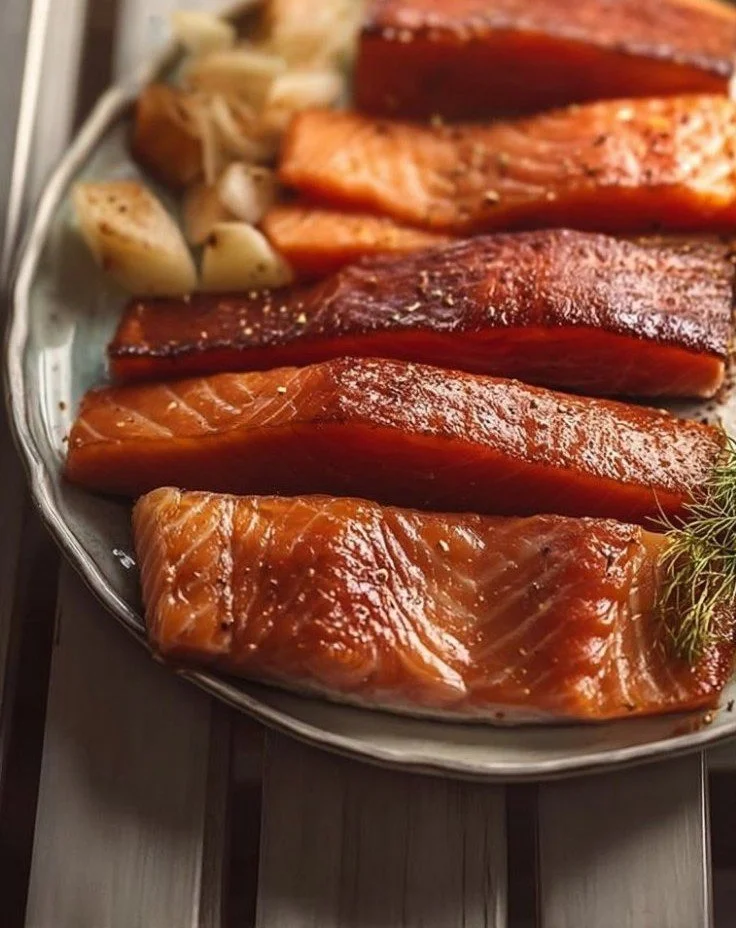 Homemade smoked salmon on a platter with herbs and lemon slices.