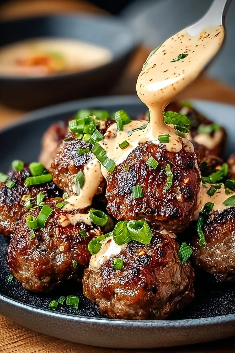 Korean BBQ Meatballs with Spicy Mayo Dip
