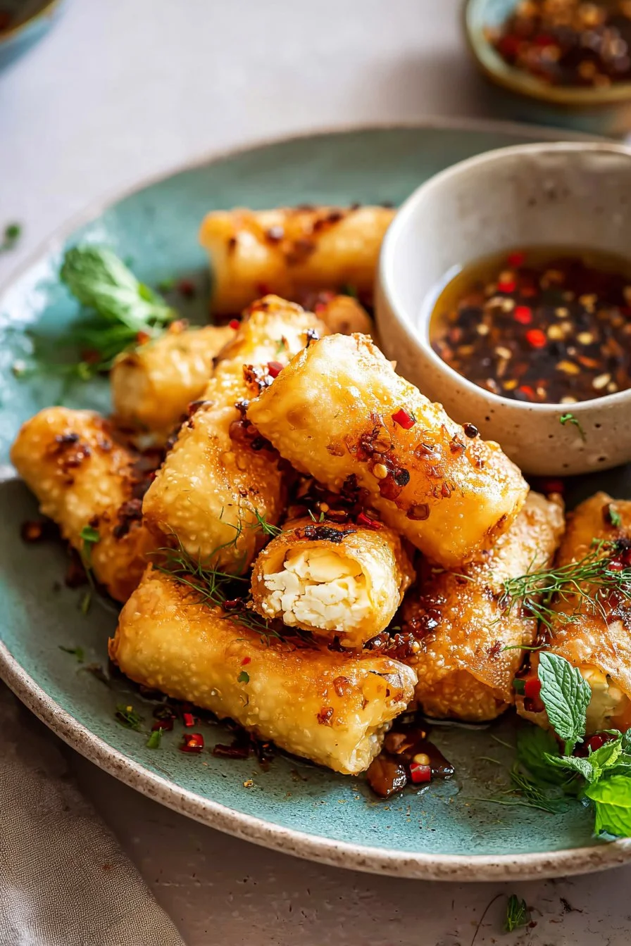 Oven Fried Feta Rolls with Chili Honey