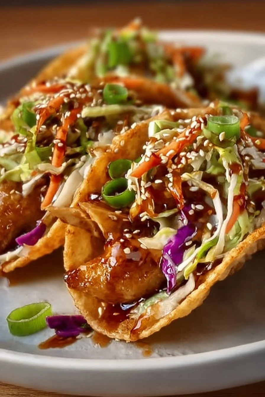 Asian-Inspired Wonton Tacos with Teriyaki Chicken & Slaw