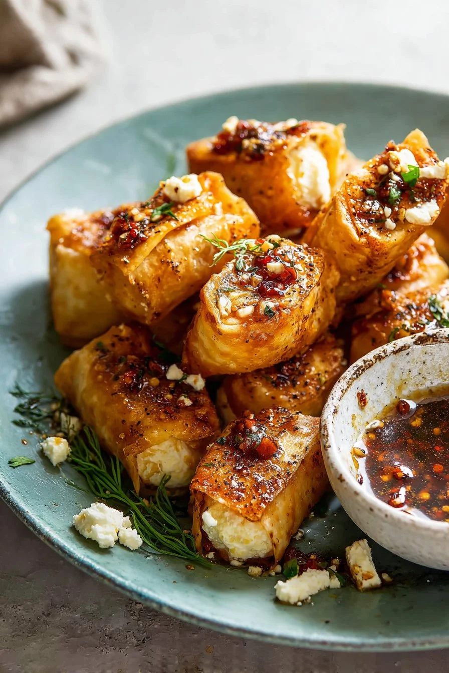 Oven Fried Feta Rolls with Chili Honey