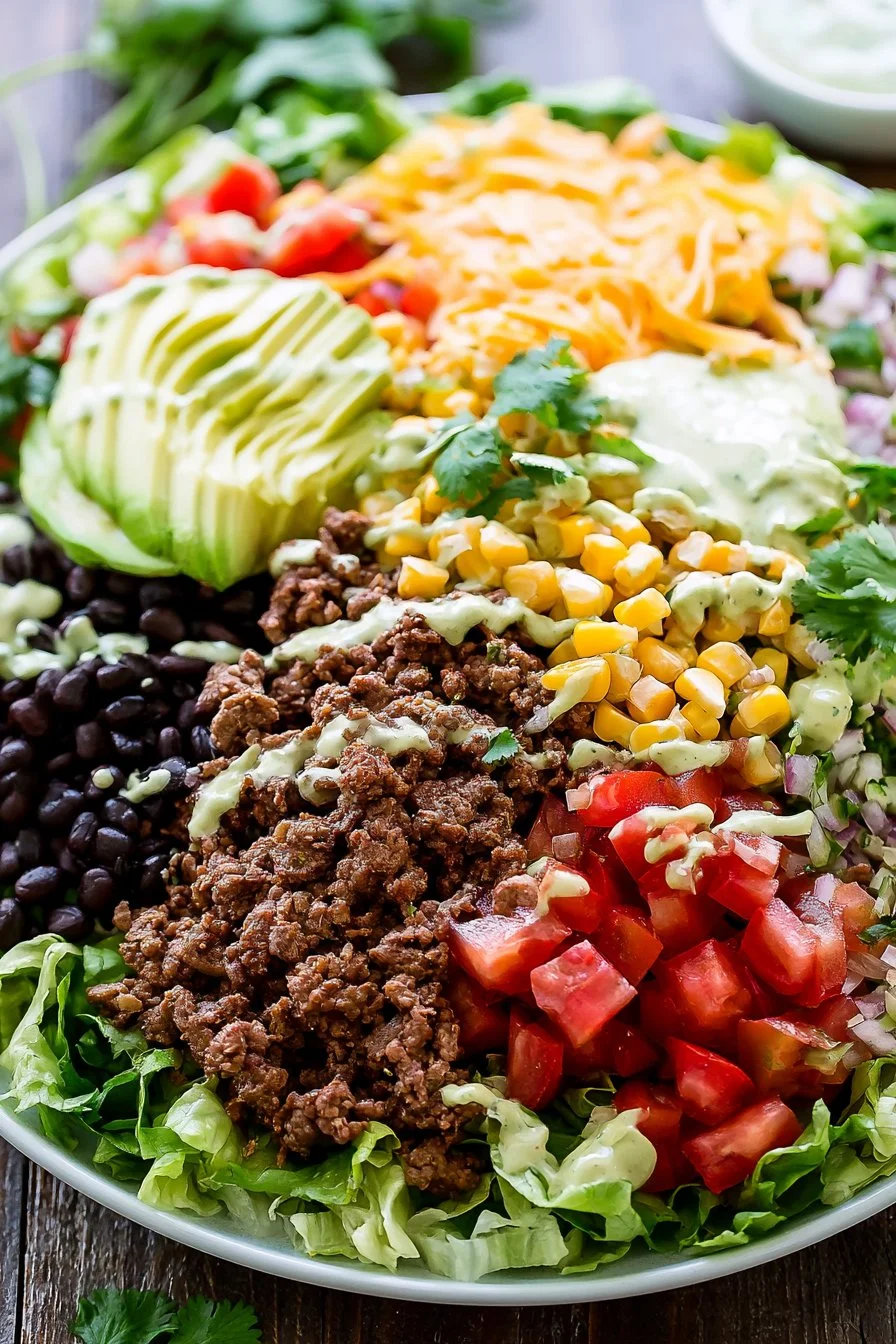 Loaded Ground Beef Taco Salad with Creamy Lime Cilantro Dressing