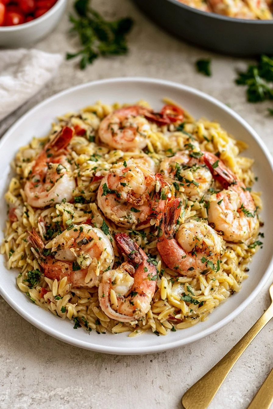 One Pot Garlic Butter Shrimp and Orzo