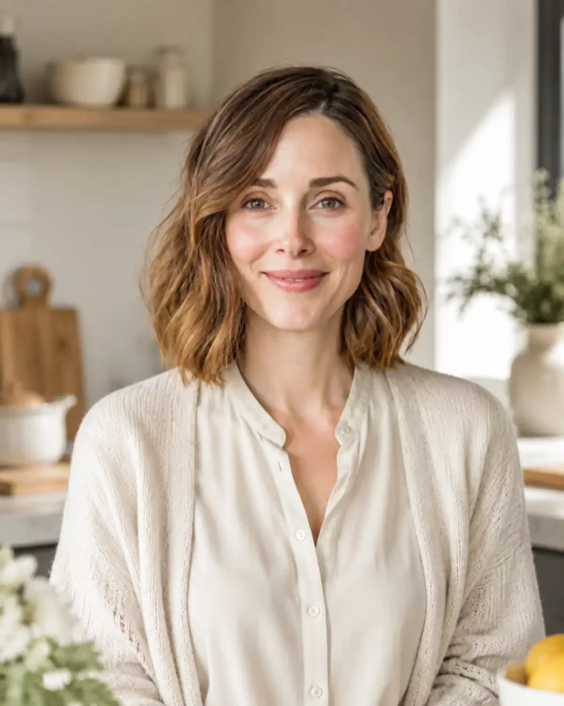 Femme souriante dans une cuisine lumineuse, portant un chemisier blanc et un cardigan crème