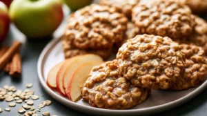 Freshly baked apple cinnamon oatmeal cookies on a wooden table