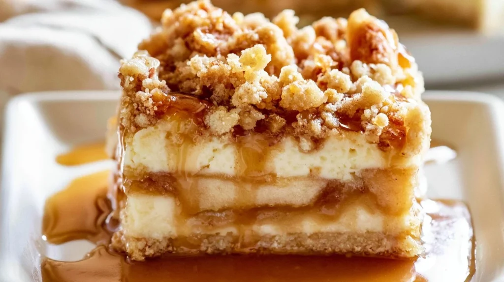 Delicious Caramel Apple Cheesecake Bars topped with caramel drizzle