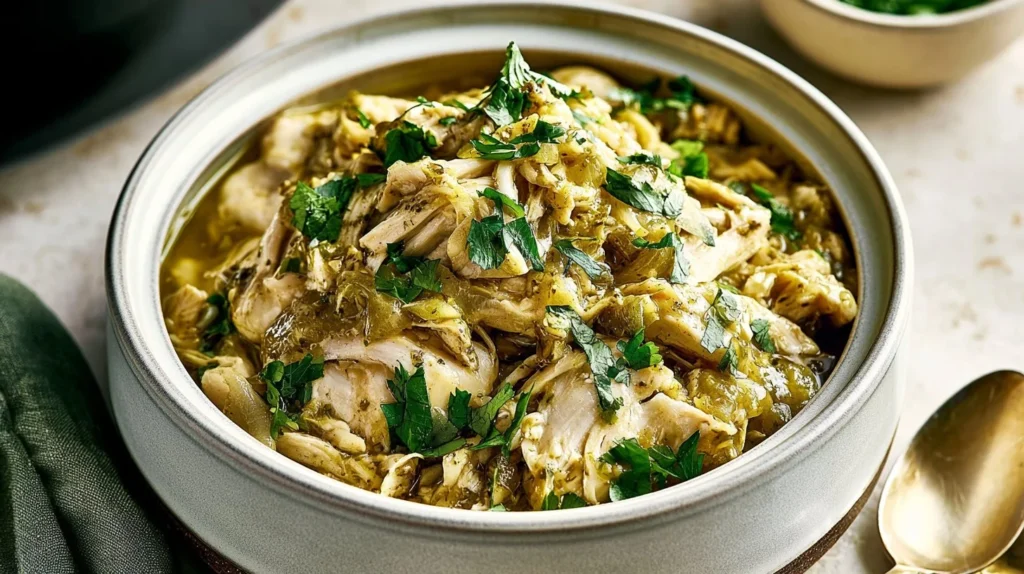 Crockpot Salsa Verde Chicken served with rice and garnished with cilantro