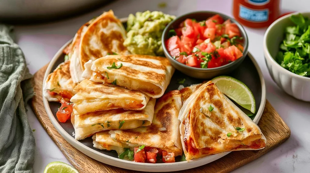 A plate of mini quesadillas filled with cheese and vegetables, garnished with salsa.